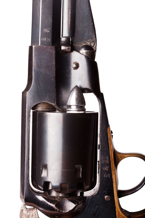Example of an Uberti Remington that cannot be loaded with original conical ball. A workaround is to remove metal from the frame.