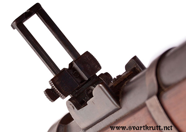 The rear sight graduated for long range shooting. Note the volley sight on the left-hand side designed by Belgian officer Holkin.
