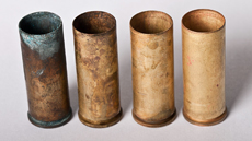 From left to right: The starting point and brass cleaned in 8, 16 and 24 minutes respectively.