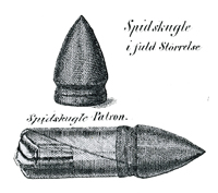 Spisskule og patron som var i bruk
av skarpskyttere fra 1849-1855.
